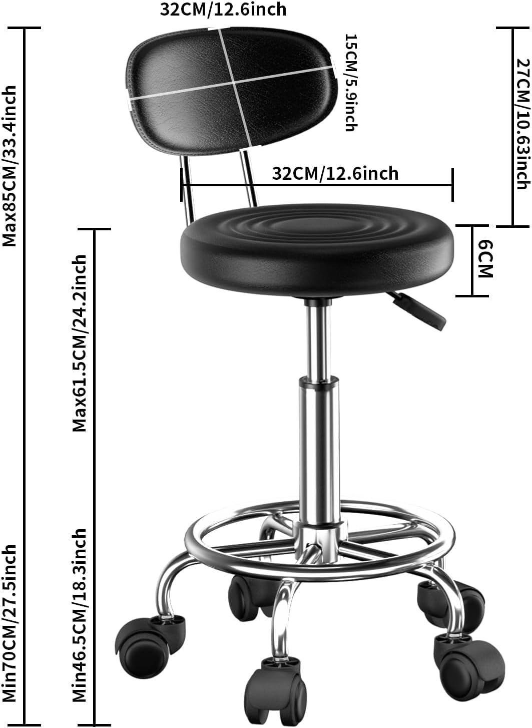 2X Taburete Rodante Regulable para Hogar Salón Belleza Oficina, Negro