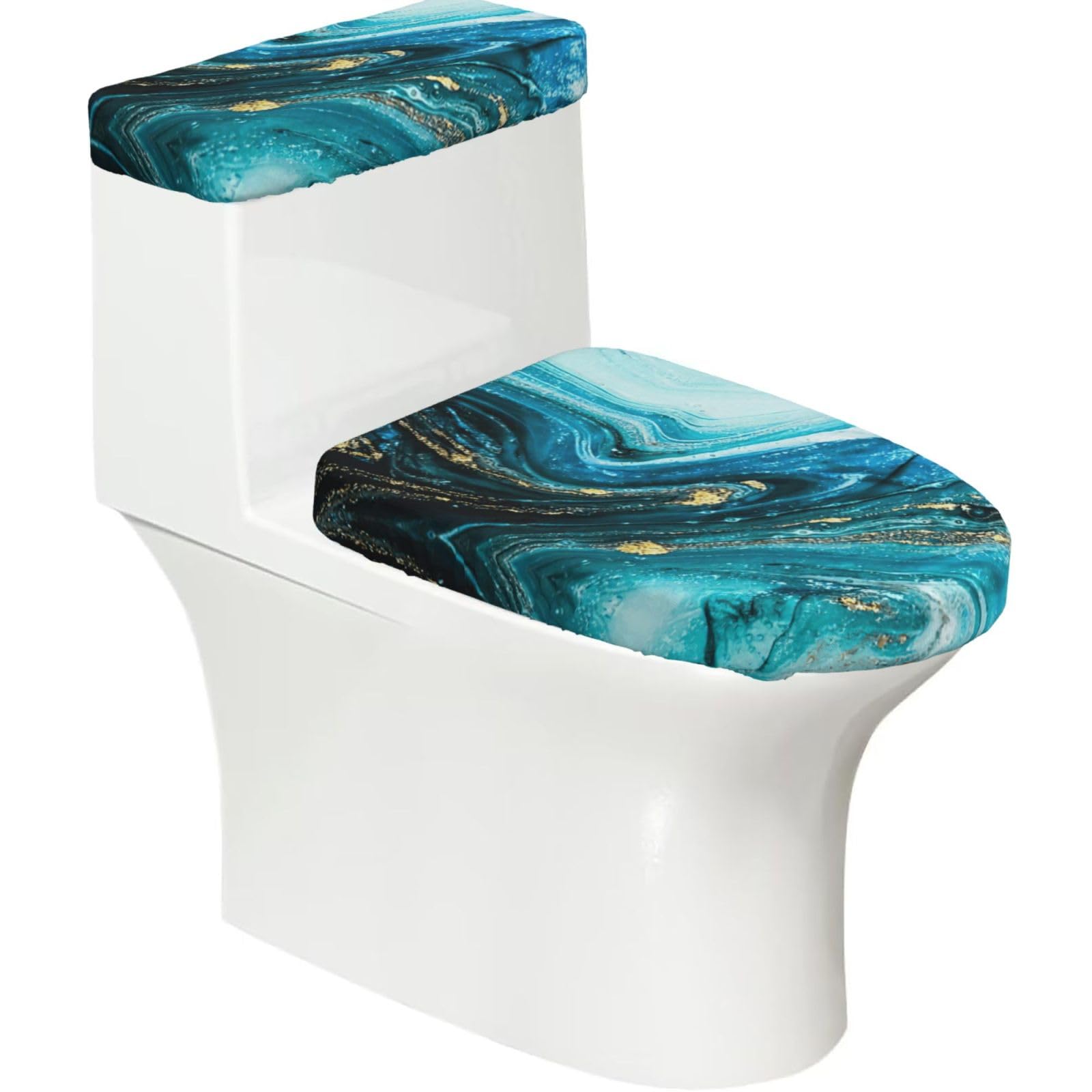 Turquoise Blue Gold Marble Print Toilet Seat Lid And Tank Covers Universal Fit Smooth Seat Cushion Easy To Clean For Home Hotel