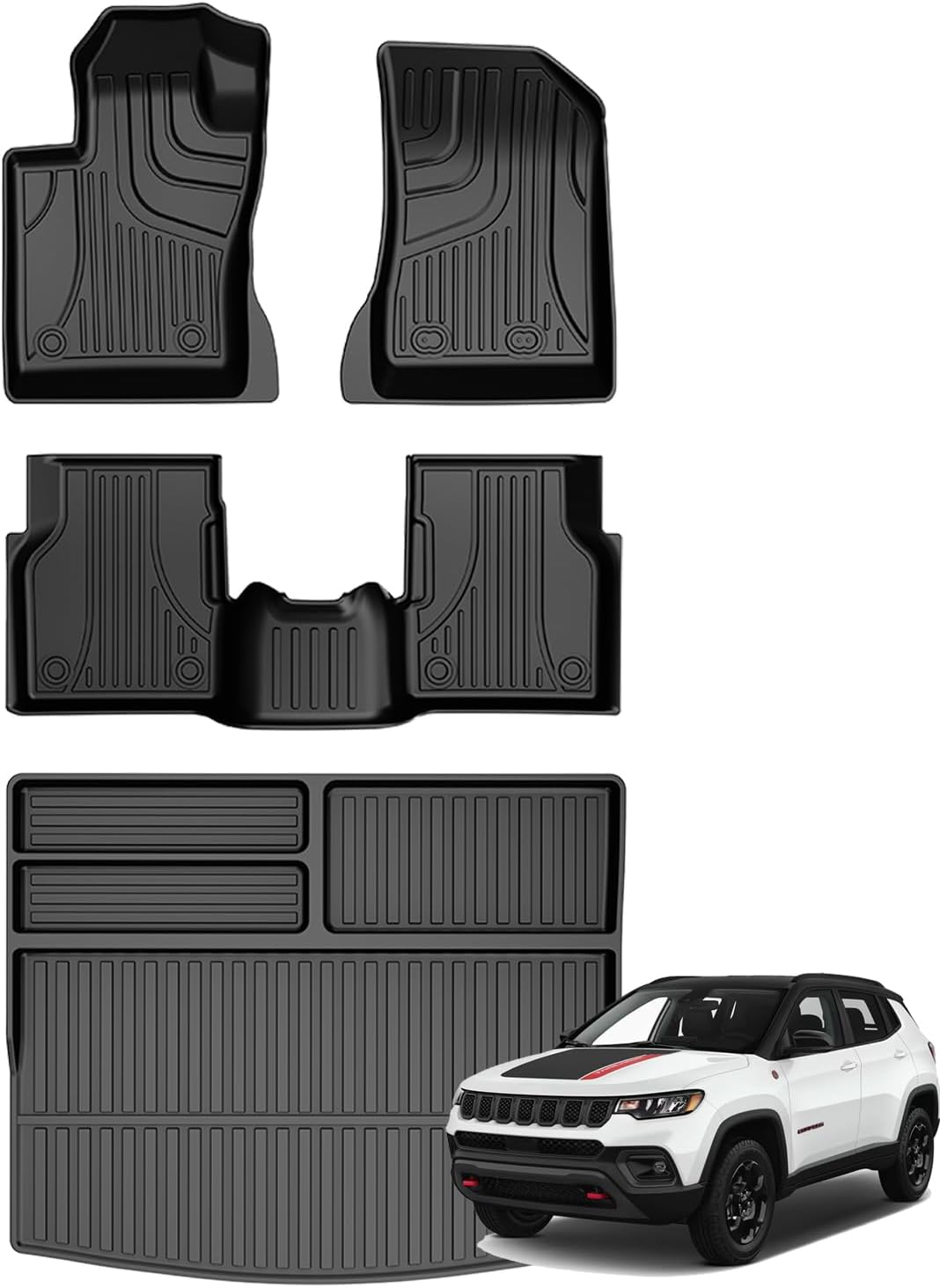 Compatible with Jeep Compass Floor Mats & Cargo Liner 2017-2024 2025, All Weather TPE Floor Liner & Trunk Mat for Jeep Compass Car Accessories (Not Fit 2017 Single Driver-Side Floor Hook Model)