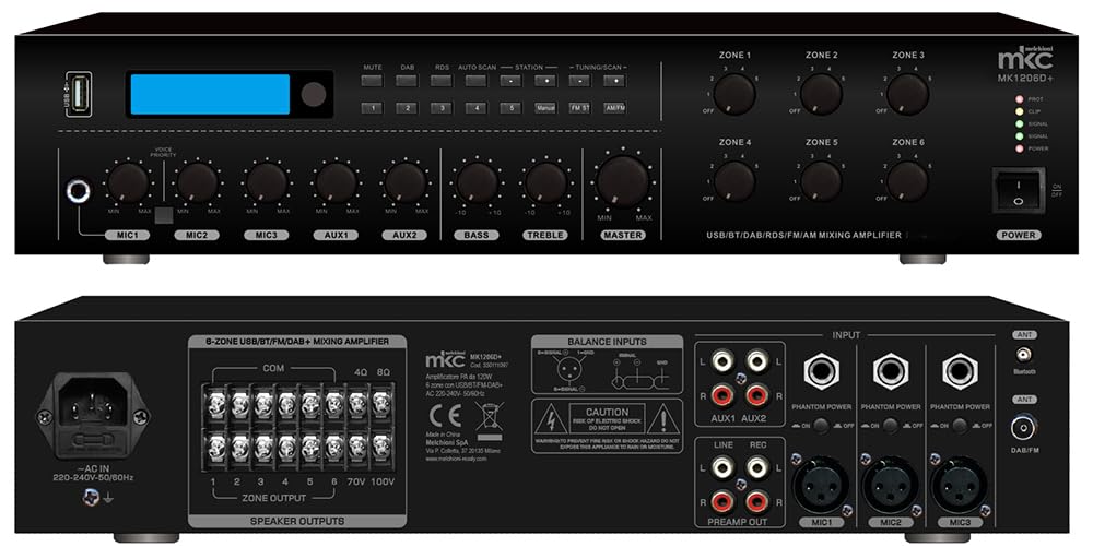 Amplificatore PA a 6 zone da 120W con ingressi USB, Bluetooth, FM-DAB+, 4 canali microfonici con ingresso XLR, uscita USB e connettività Bluetooth