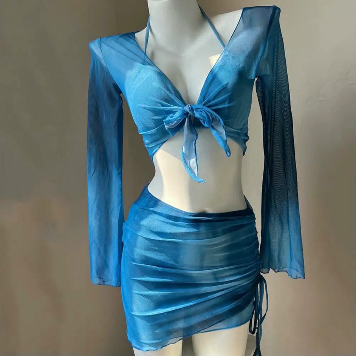 Neoprenowy damski zestaw bikini typu tie-dye | Wielokolorowe damskie bikini Tie Dye M/L/XL 4 szt. Siatkowa spódnica z długim rękawem Ruched kostiumy kąpielowe