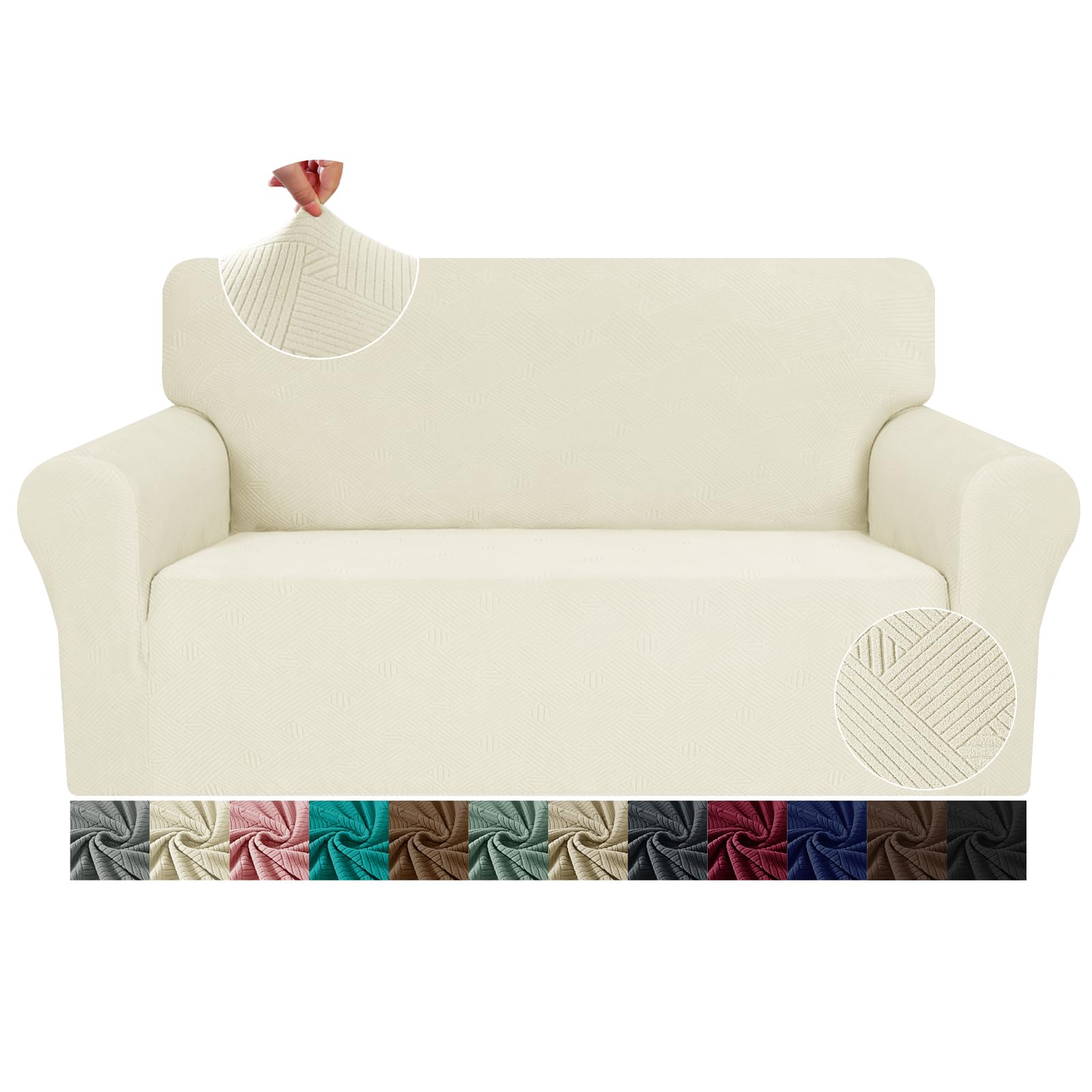 JIVINE Loveseat Slipcovers, 1 Piece Stretch Couch Covers for 2 Cushion Furniture Protector with Elastic Bottom for Kids Pets Jacquard 2 Seater Sofa Cover (Loveseat, Beige)