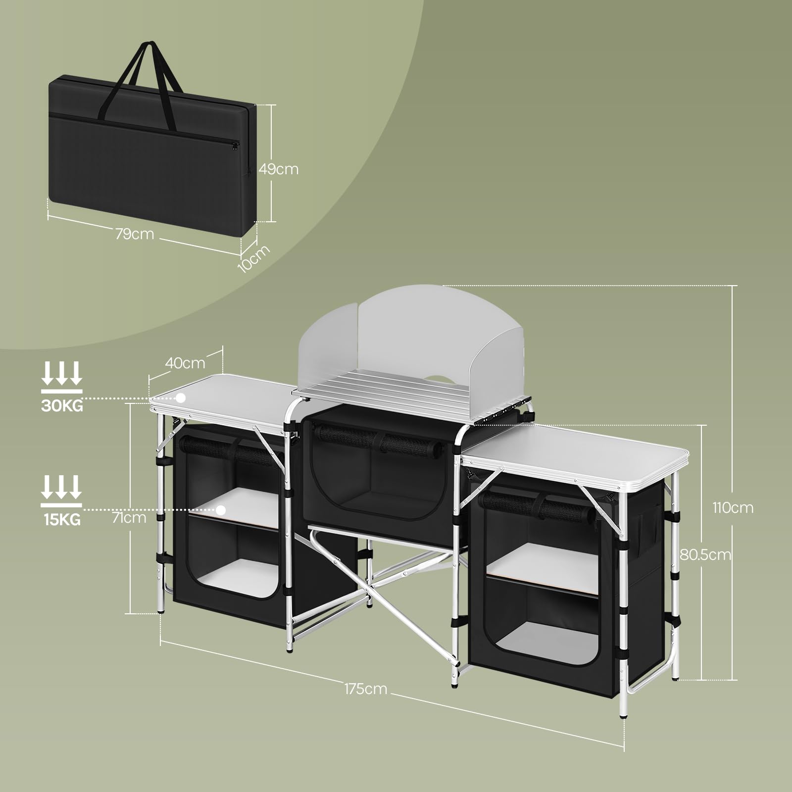 WOLTU Campingküche, Campingschrank faltbar, Outdoor Küche mit Arbeitsplatten Staufächern, Camping Tisch, Reiseküche, inkl. Tragtasche, Aluminium MDF, Schwarz