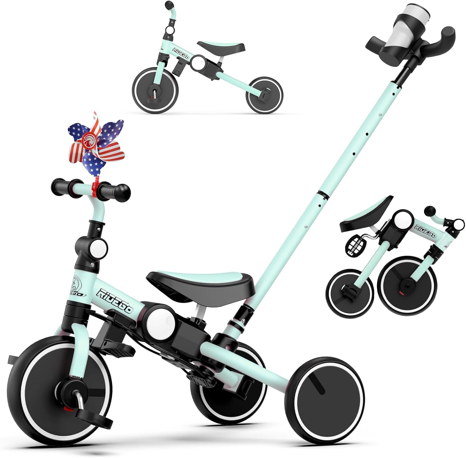 Product used, Ridego 5 in 1 Toddler Bike, Foldable Bike for Toddlers 2-5 Years Old Boys and Girls, Kids Tricycle with Push Handle,Tricycle for 2 Year Old Toy and Gift with Removable Pedal Green