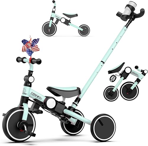 Ridego Bicicleta plegable 5 en 1 para niños y niñas de 2 a 5 años, triciclo para niños con mango de empuje, triciclo para niños de 2 años de edad,