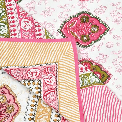 Image of BLOCKS OF INDIA 100% Cotton Dohar King Size Reversible Hand Block Printed Malmal Summer Dohar /Blanket (Pink Rose)-300 TC