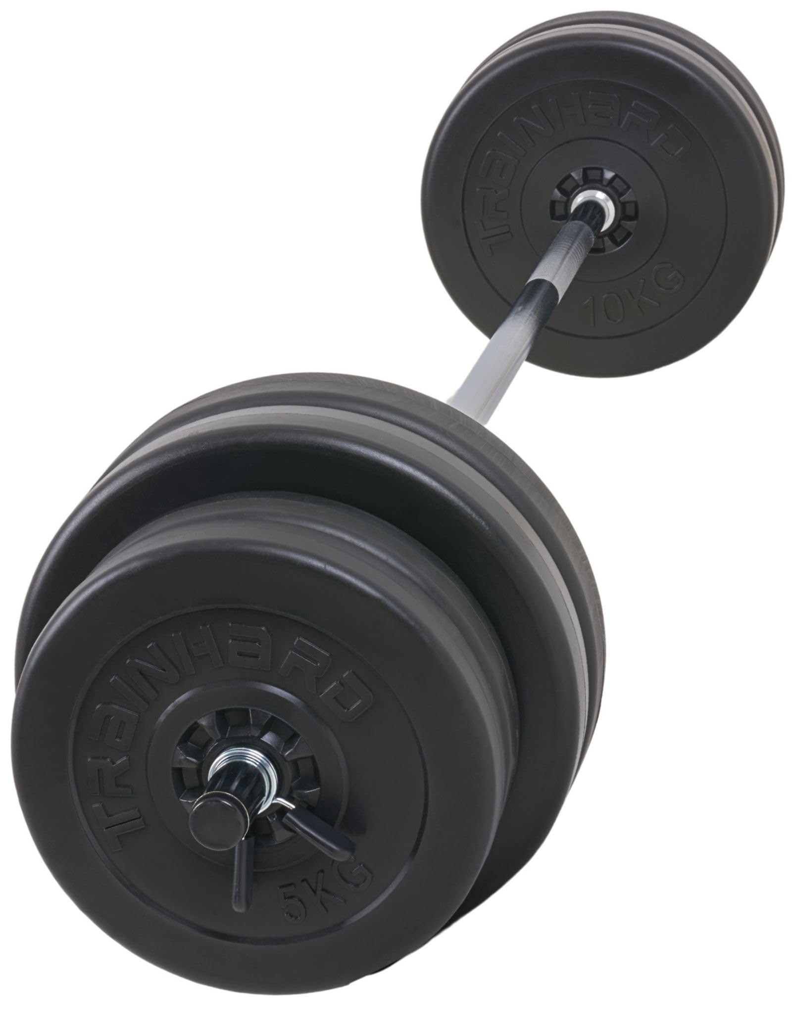 TrainHard Zestaw długich hantli 1,6 m z obciążnikami 60 kg (4 x 5 kg, 4 x 10 kg) i zapięciami