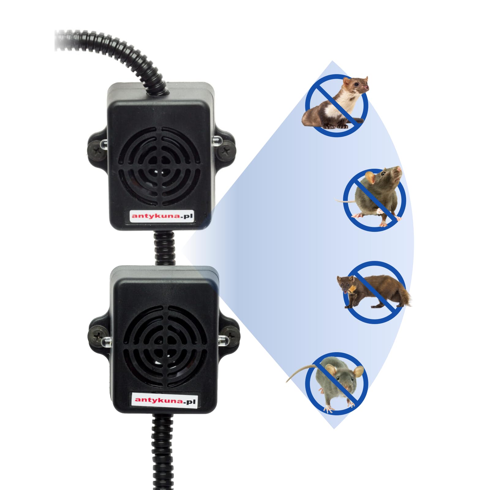 ON/Off Ultraschall Marderabwehr Auto – 2 Lautsprecher | Für große Motorräume | Start-Stop geeignet | 12V