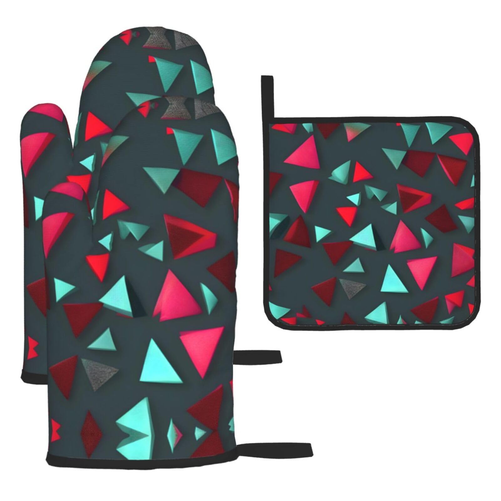 Triangular pattern Oven mittens and oven mitts three-piece set suitable for oven, grilling, baking, microwave and home cooking.