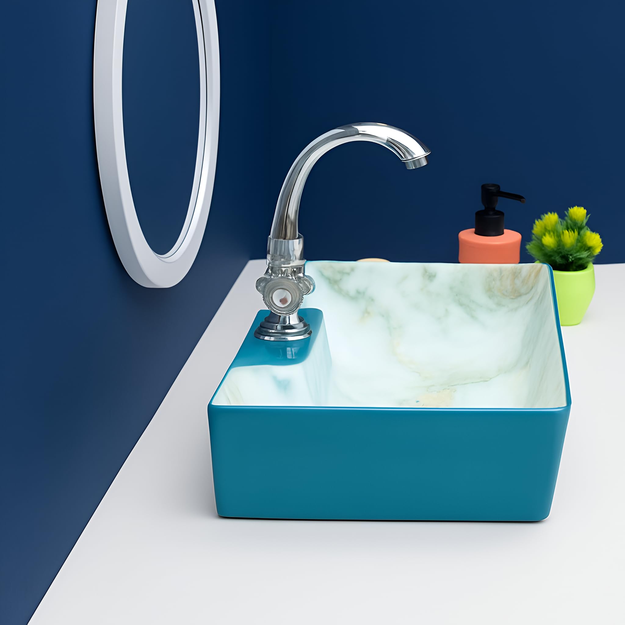 SEA SHORE Premium Ceramic Table Top Wash Basin β Slim Rim Vessel Sink for Bathroom/Living Room (20 x 15 x 5.5 Inch, Cyan & White) 2