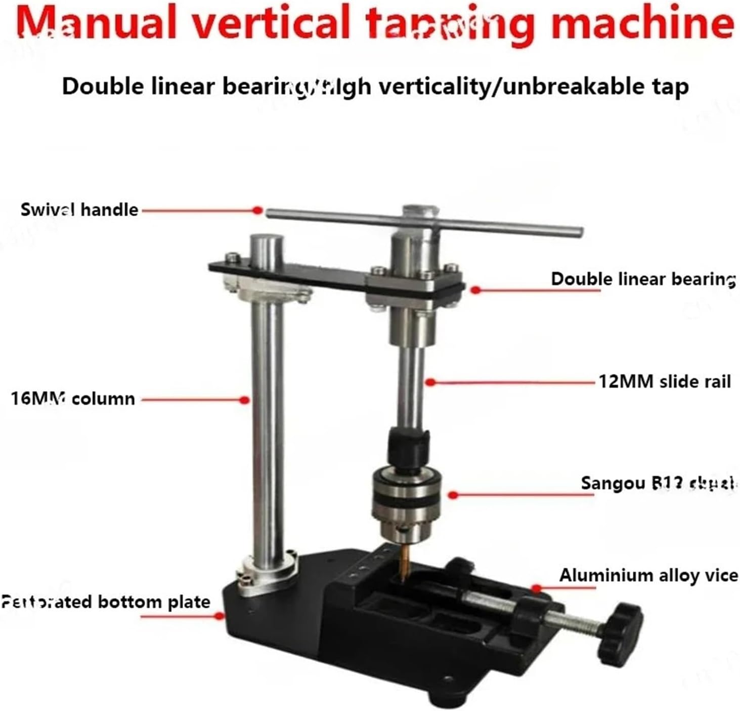 CAARLA Manual Tapping Machine Manual Vertical Tapping Teeth Small Hand Adjustable Tap Wrench Table Winch Lengthened Ratchet Swing Probe Arm(Black)