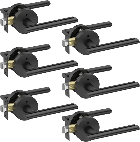 Asidrama 6 Pack Privacy Matte Black Door Lever, Door Handles with Door Knobs Indoor for Bedroom or Bathroom, Heavy Duty Black Door Handles Interior with Locks for Left Right Sided Doors