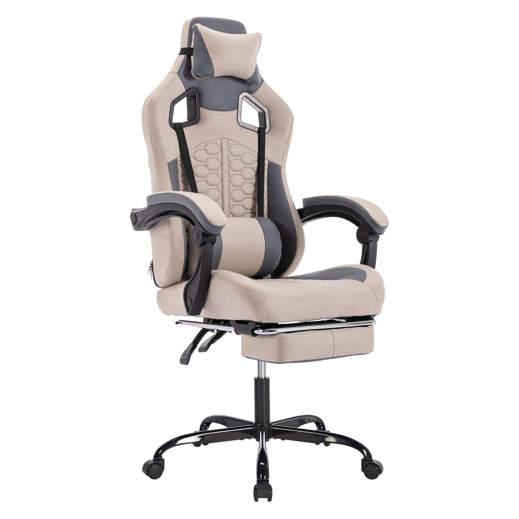 Grey Ergonomic Gaming Chairs for Adults, Swivel Height Adjustable Comfortable Office Desk Chair with Footrest and Lumbar Support, PU Upholstered Computer Chair with Headrest (Grey)