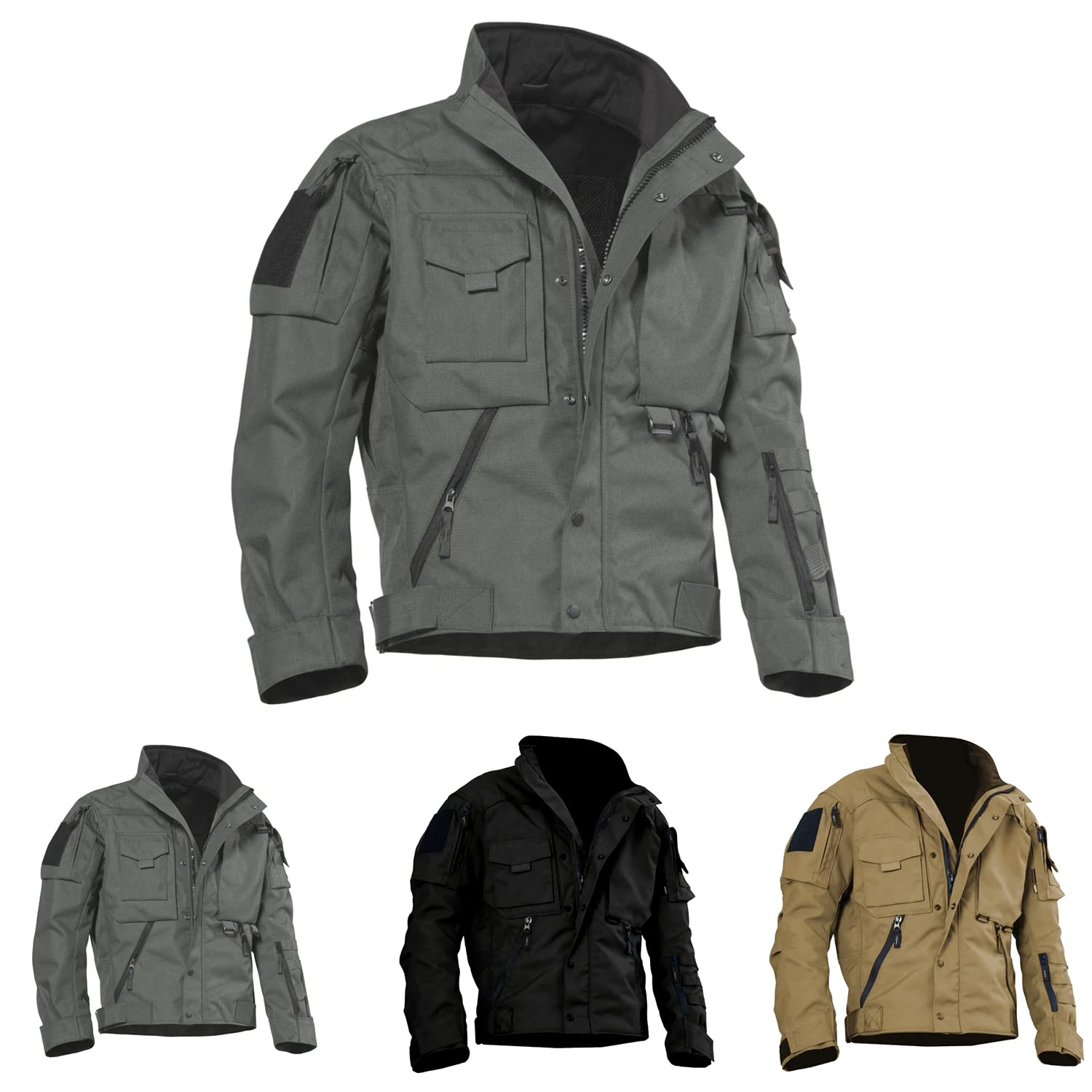 MUGUOYMens All-terrain Versatile Tactical Jacket,Waterproof Military Jackets with 12 Pockets,Windproof Casual Utility Outdoor Sportwear,Solid Color Stand-Up Collar Warm Coat. (S, Green)