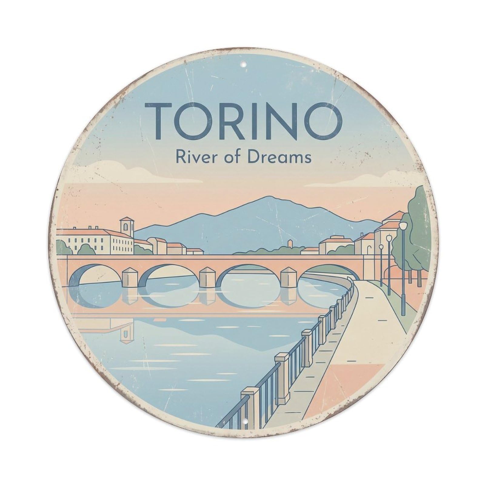 Vintage Travel River Torino Italy Metal Tin Sign