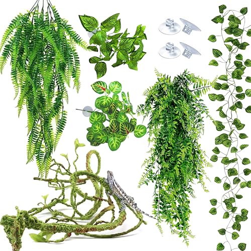 Reptile Plants for Terrarium Tank Bearded Dragon Tank Accessories Artificial Hanging Plant Vines Habitat Decor & Hide for Crested Gecko Lizard Snake Chameleon and Ball Pythons(Group B)