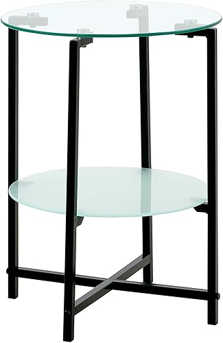 Miniatura 4 de Mesa auxiliar redonda de vidrio templado negro de 2 capas con almacenamiento, mesas auxiliares para sofá, mesa auxiliar para dormitorio, sala de