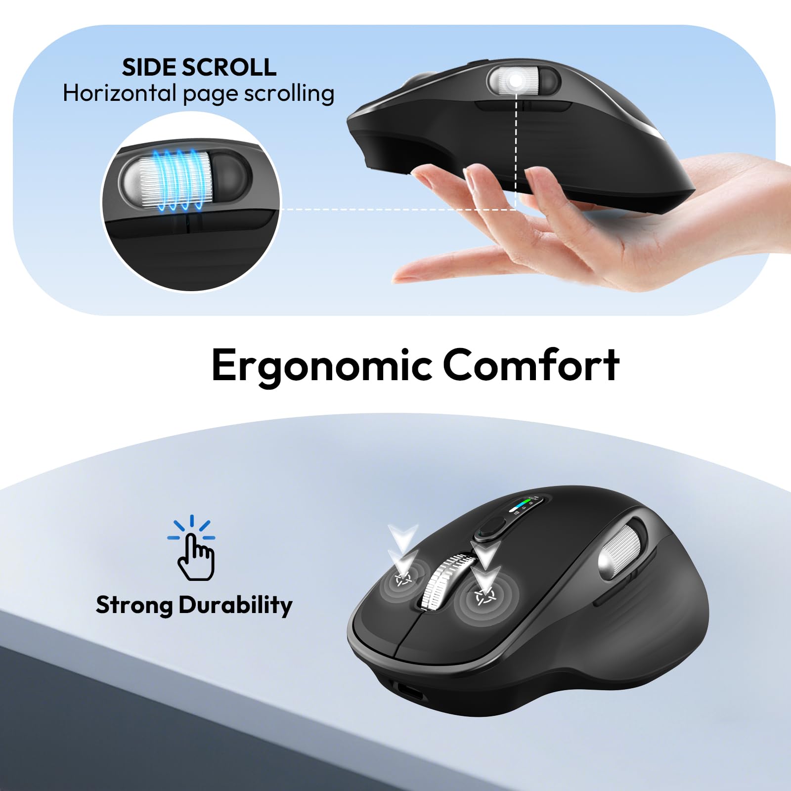 Ratón inalámbrico recargable por Bluetooth con 8 botones programables, color negro | Ratón óptico ergonómico multidispositivo con 5 DPI ajustables para laptop, iPad, PC, manos medianas a grandes