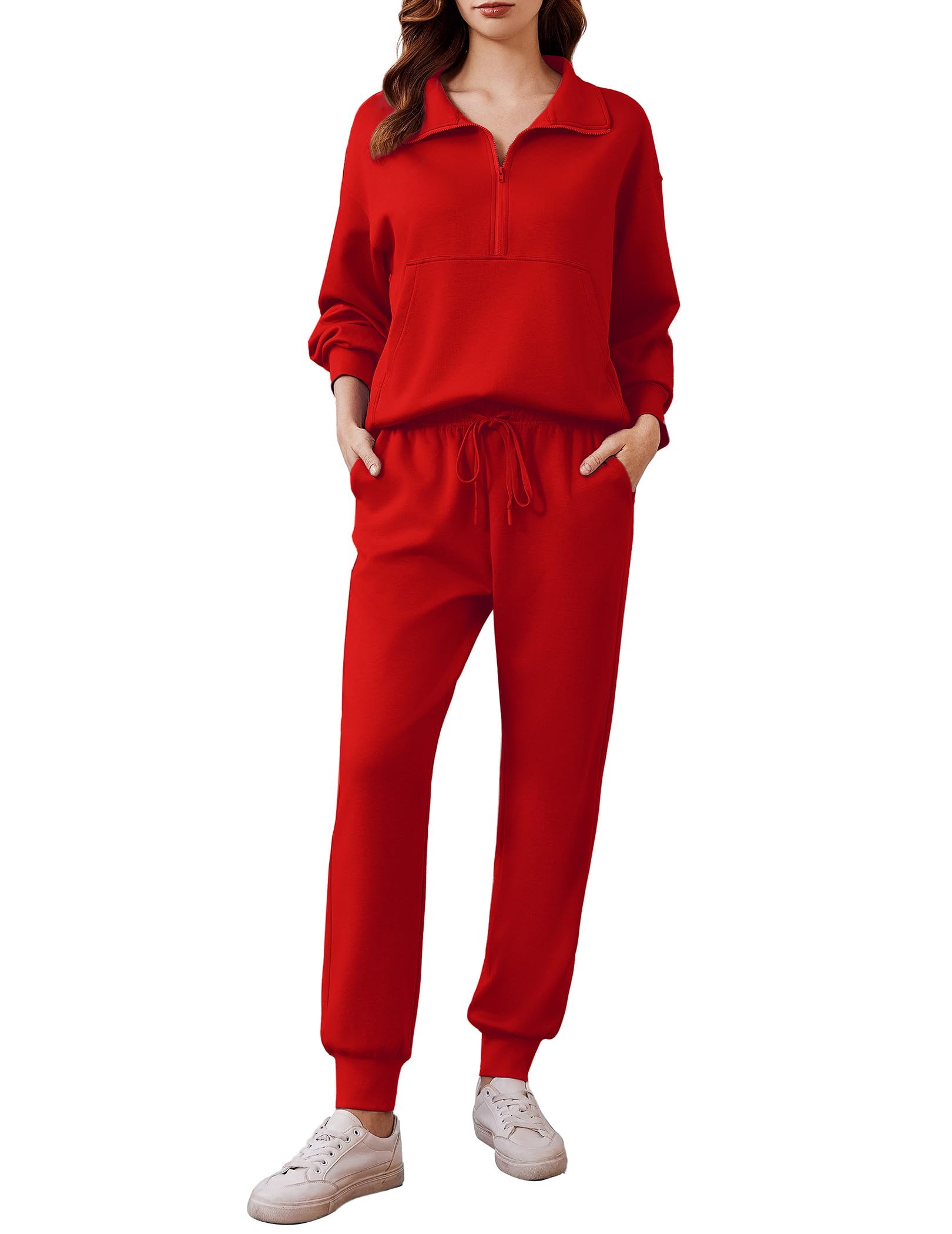 PINSPARK 2 Piece Sets for Women Long Sleeve Half Zip Tracksuit Jogger Sets | 2026 Fall Travel Outfits Lounge Set, Lightweight Soft Air Layer Fabric, Kangaroo Pocket Sweatshirt, Drawstring Joggers Pants