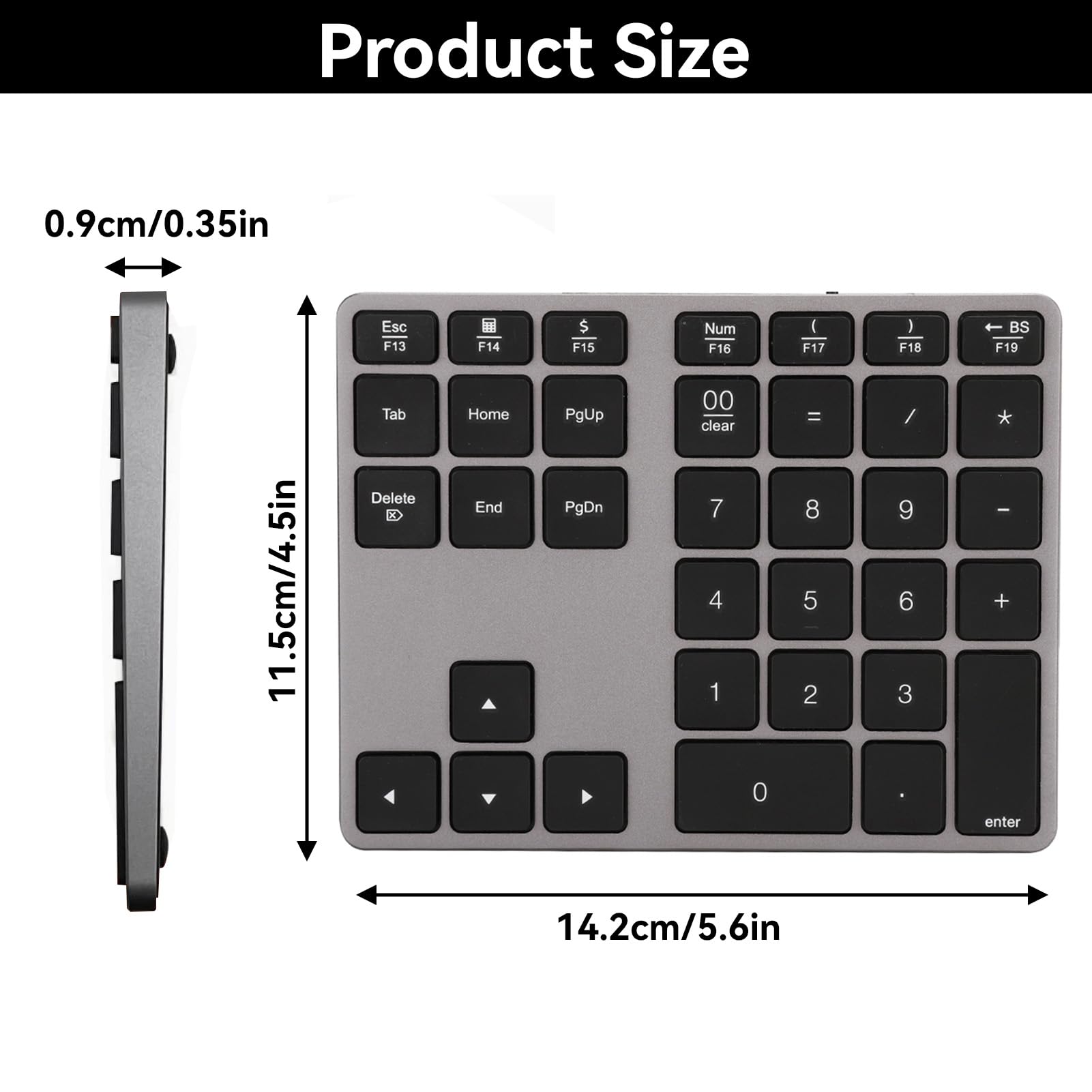 Agatige Tastiere Numeriche Bluetooth, BT308 Tastierino Wireless 35 Tasti 5.0 Ricaricabile Portatile Tastierino Numerico Sottile per PC Desktop Notebook Laptop(Grigio Ferro)
