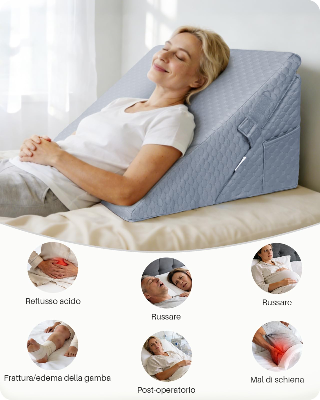 Kekoy Cuscino Antireflusso Adulti Regolabile: Aiuta Contro Apnea Notturna, Reflusso Acido, Mal di Schiena, Russamento | Cuscino a Cuneo Memory Foam, Fodera Lavabile, Maniglia - Grigio, 23 e 31 cm