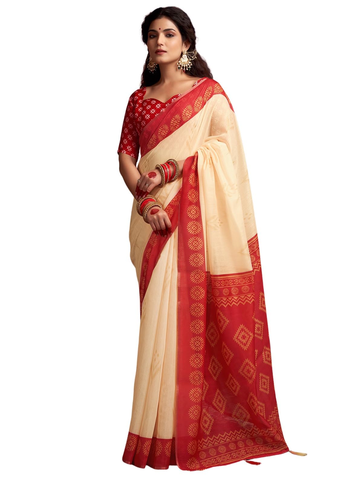 Satrani Women's Navratri Special Cotton Silk Printed Durga Puja Special Bengali Saree With Unstitched Blouse Piece (3877S163N_Cream & Red1)