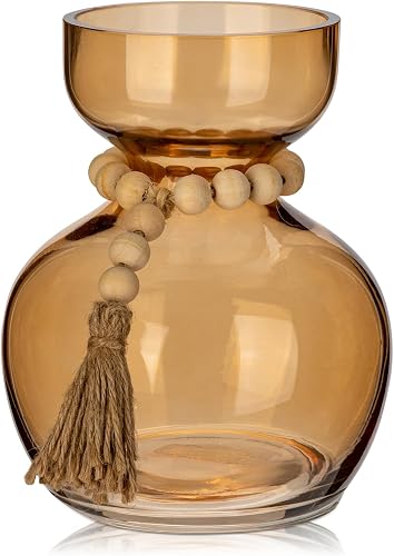 Amber Glass Vases Bud Vase for Flowers Vintage Modern Short Vases with Wooden Beads Small Glass Vase for Centerpieces Home Table Shelf Living Room Wedding Decorations