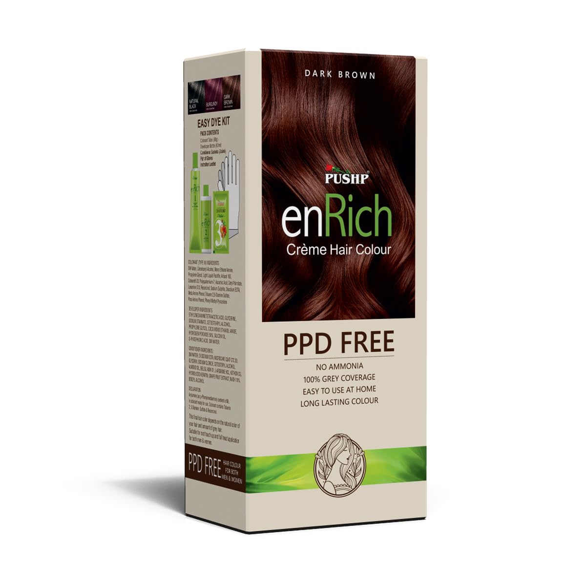 Pushp enRich Creme Hair Colour Dark Brown, PPD Free, No Ammonia, easy to use Long lasting hair colour 100% Grey Coverage, for Men and Women | Hair Dye | Hair Color | Ppd Free Hair Dye | Ppd Free Hair Color | Ppd Ammonia Free Hair Colour-image-15