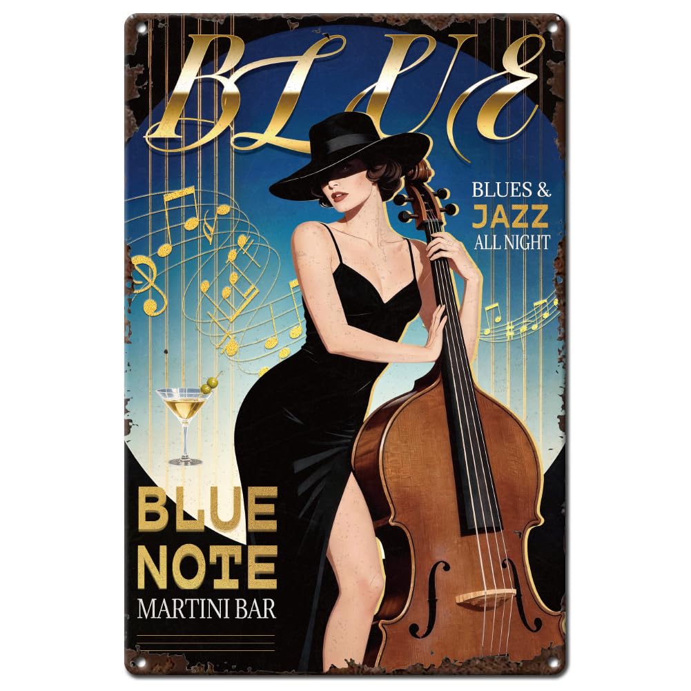 SUPERDANT Metal Tin Signs Cello Lady Metal Poster Blue Note Whimsical Wall Art Plaques Tin Painting Living Room Cafe Garage Bar Home Decorative Gifts Wall Decor 20x30cm