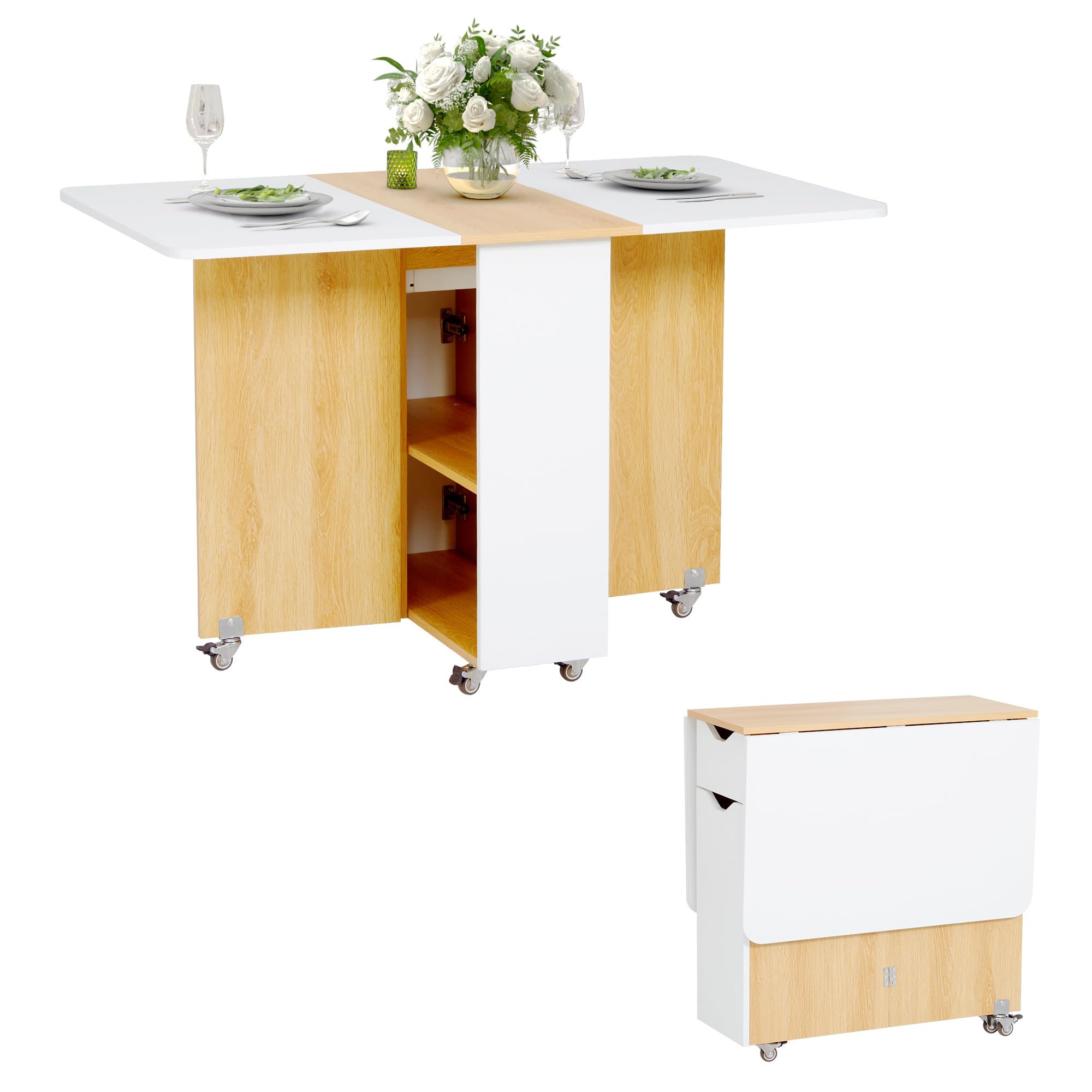 Folding Dining Table, Versatile Drop Leaf Dining Table with Lockable Wheels and Storage, Space Saving Extendable Dinner Table with Drawer, Kitchen Table for Small Spaces