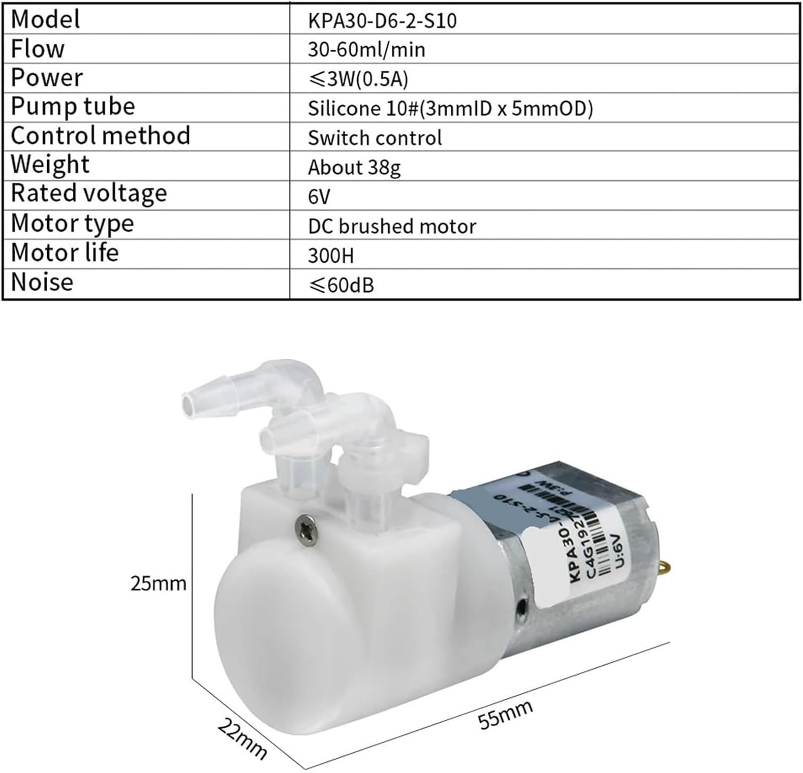 Pompy do ścieków/ścieków Pompa perystaltyczna KPA30 30 ml/min Silnik DC 6 V Przekładnia o niskim przepływie z wężem silikonowym Grubość ścianki 1 mm Mały rozmiar