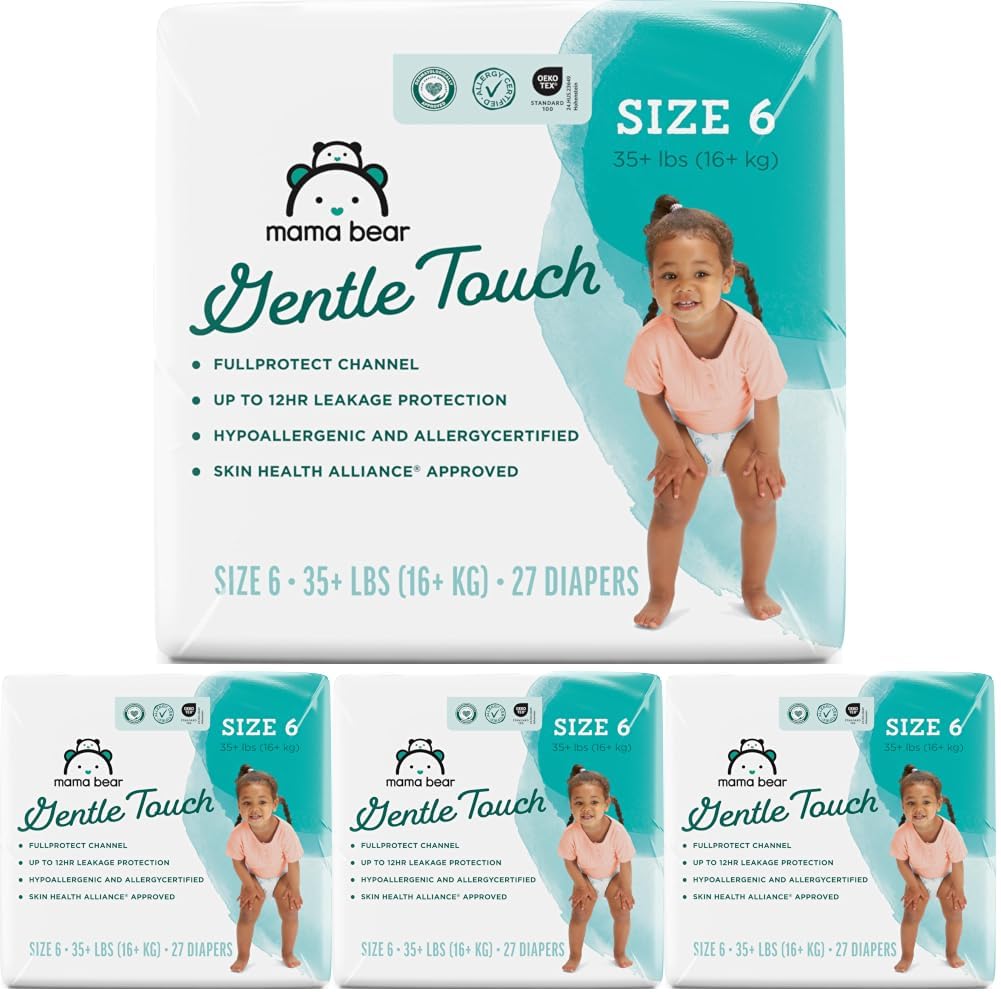 Amazon Brand - Mama Bear Gentle Touch Baby Diapers, Size 6, 27 Count, Disposable, Leak Protection, Stretchy Waistband, Wetness Indicator (Pack of 4)