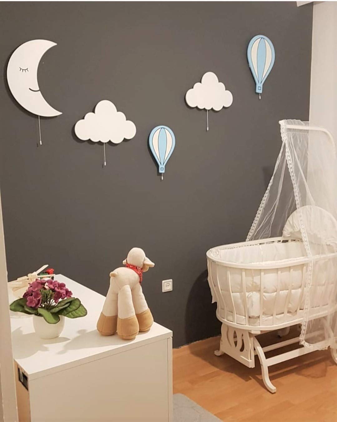 Nursery Boys Baby Kids Room Decor Wall Light Set of 5 Wooden Night Light with Led (Light Blue)
