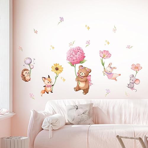 Miniatura 3 de Calcomanías de pared de animales de dibujos animados, oso, ardilla, conejo sosteniendo flores, calcomanías de pared para despegar y pegar,