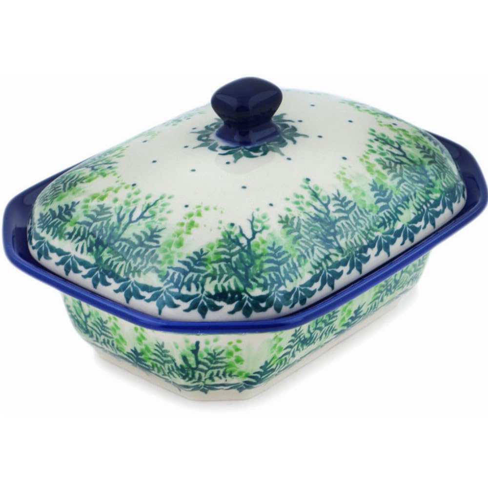 Authentic Polish Pottery Dish with Cover Signature UNIKAT in Fresh Fern Design Handmade in Boles?awiec Poland by Ceramika Artystyczna + Certificate of Authenticity