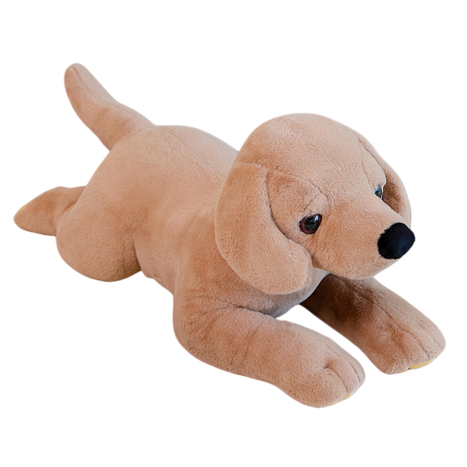 AMOSIJOY Peluche Chien Labrador Couché Réaliste, Doudou Chien en Peluche Douce, Cadeau d'anniversaire pour Enfants et Adultes (Café,80 cm)