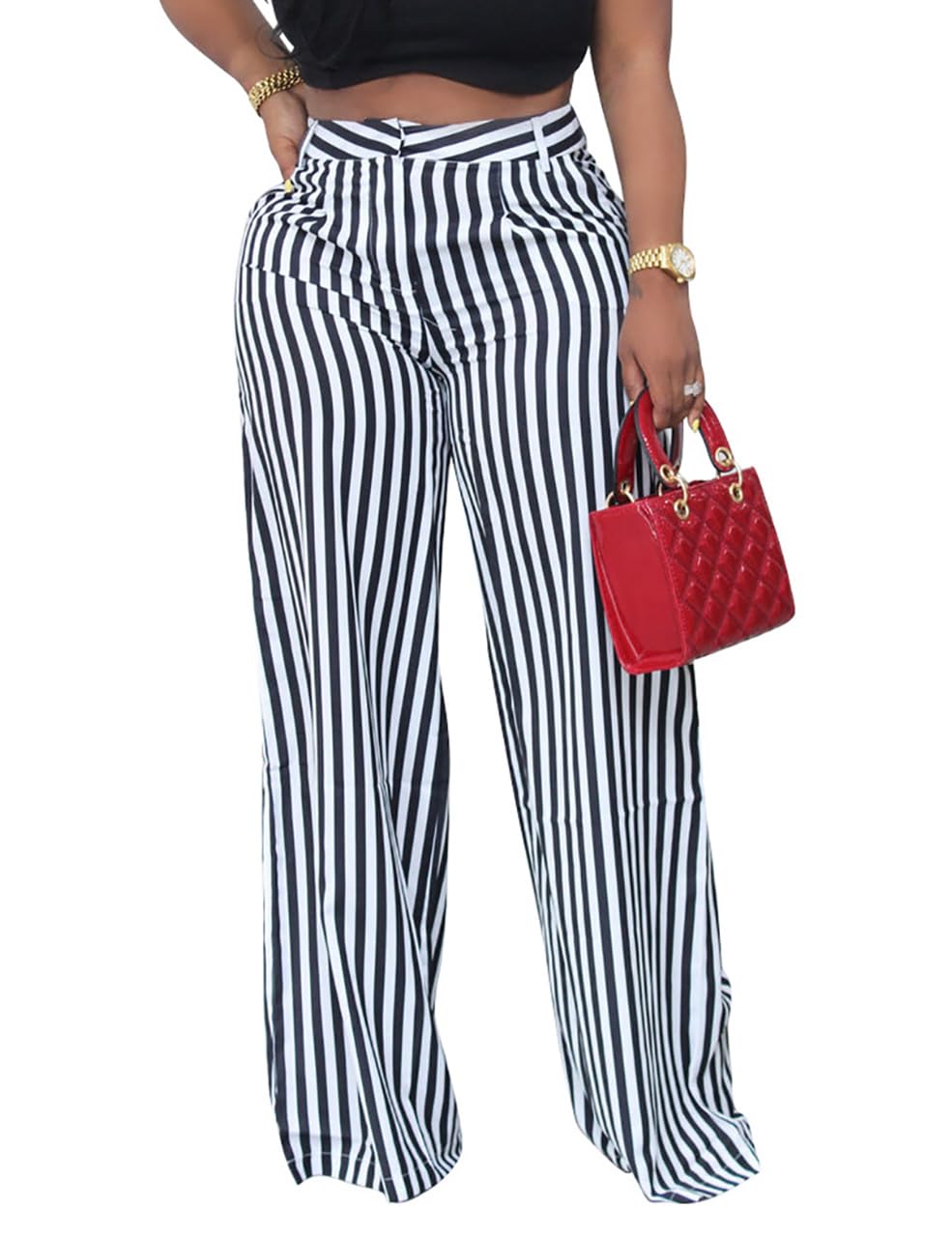 MESLIMA Womens Casual High Waist Trousers Fashion Striped Print Summer Loose Wide Leg Pants with Pockets