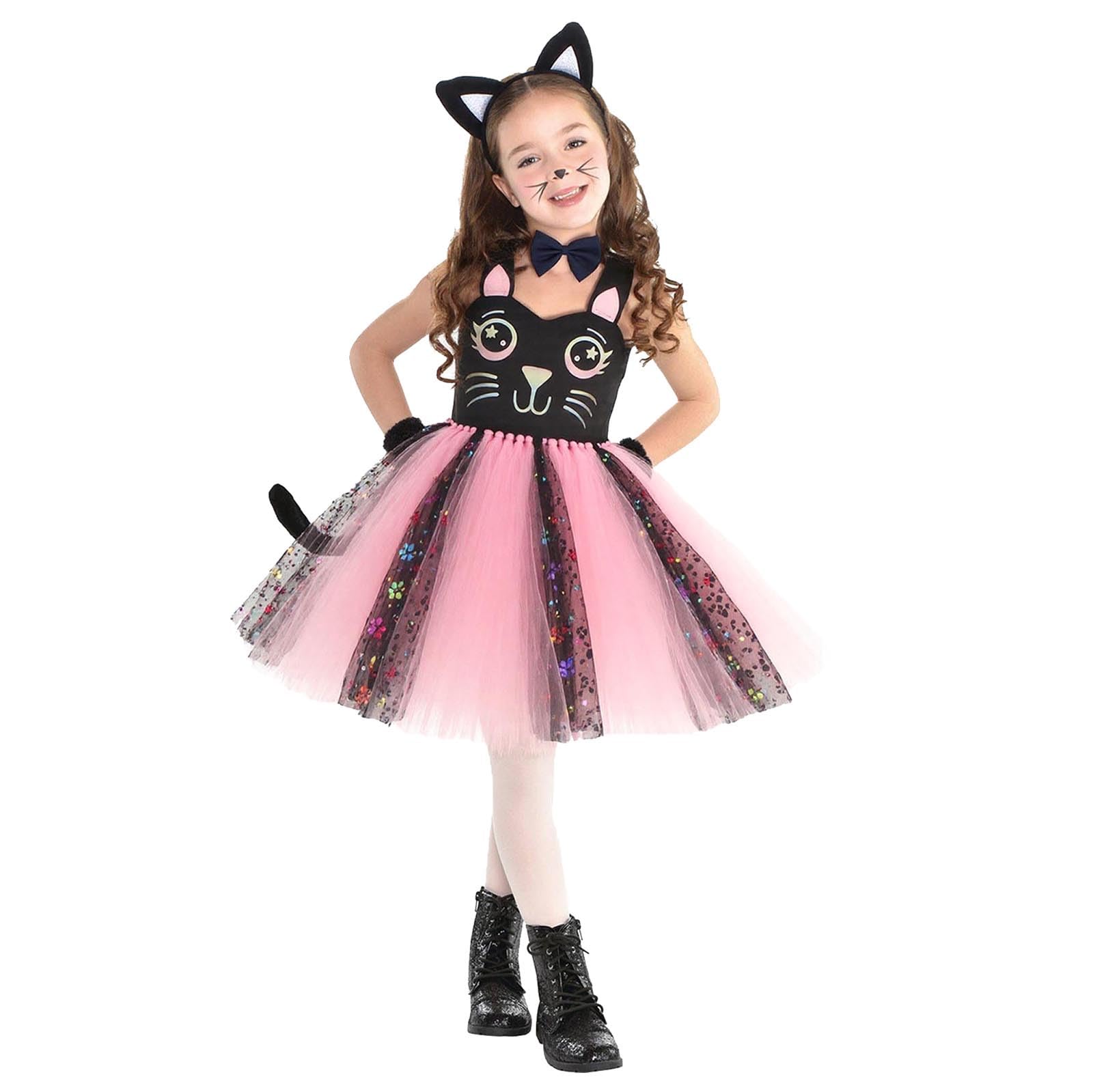 hailiwangg Halloween Black Cat Costume for Girls, Light Up Outfit Kids 3-8