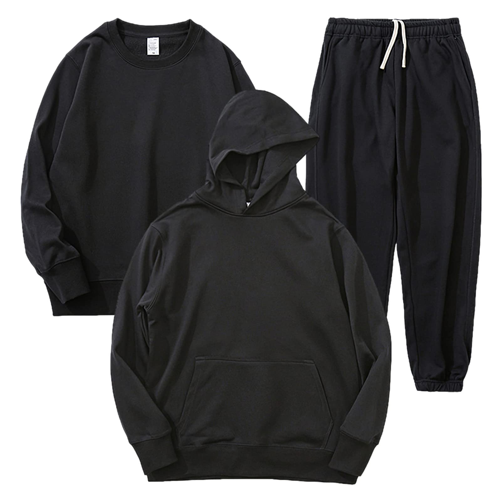 Unisex Uomo Donna 3 Pezzi Tuta da Ginnastica in Cotone - Camicie Girocollo, Felpa con Cappuccio e Pantaloni da Jogging con Tasche Nero XS