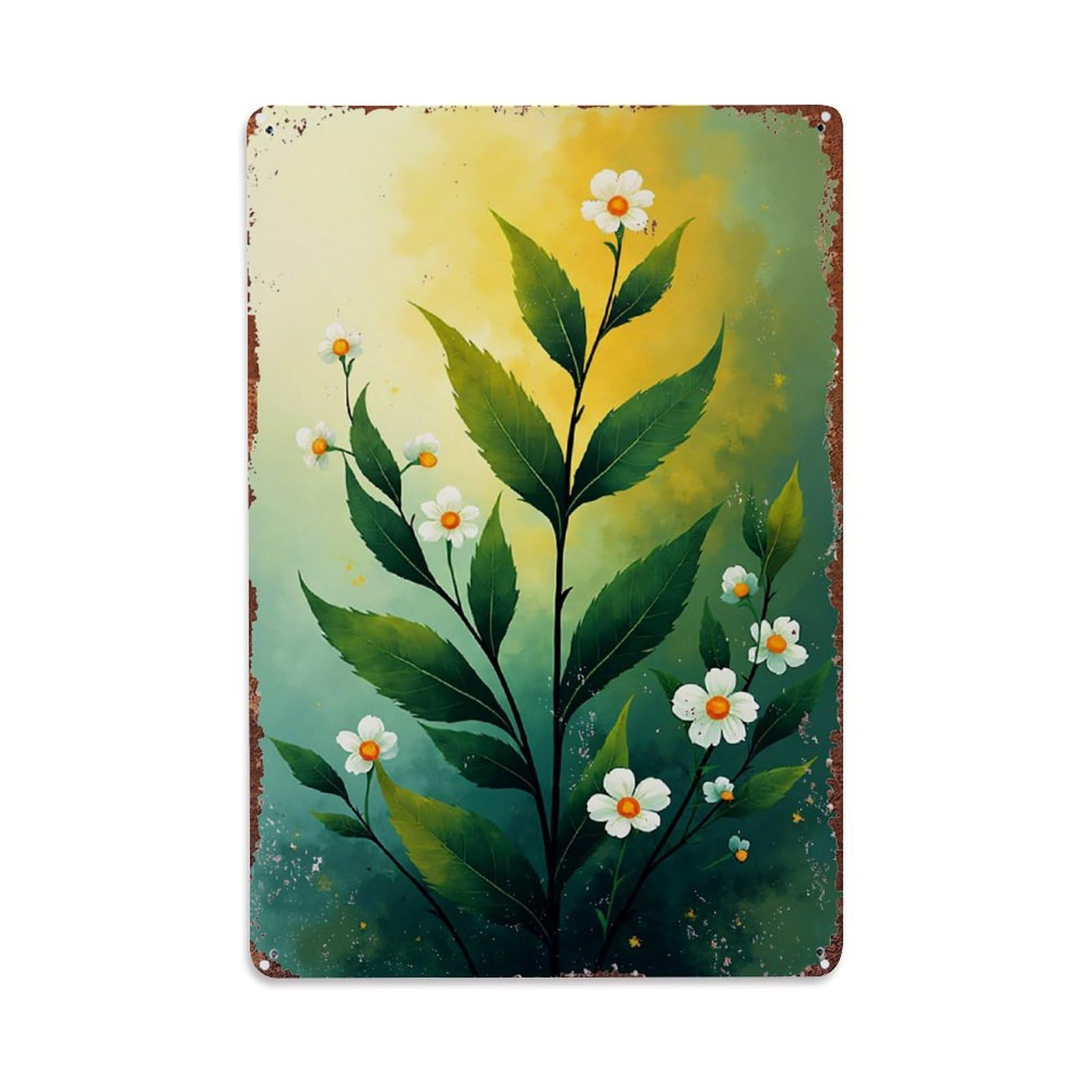Floral Pattern With White Daisies And Green Leaves Retro Metal Tin Sign, Vintage Decor Art Poster for Bar, Home, Man Cave, Kitchen, Laundry Room Gift 8x12Inch