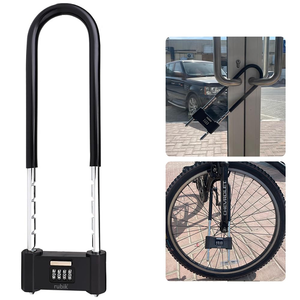 RubikCombination U-Lock Padlock, Adjustable Four Position Long Shackle, Suitable for Glass Doors, Warehouse, Shops, Bicycle, Bikes