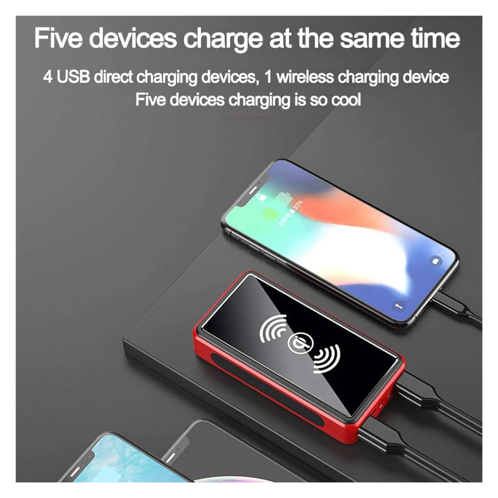 Caricatore solare 100000Mah Waterproof Qi Wireless Power Bank campeggio Battery Pack with Solar Panel Fast charge 5V/2.1A Input/Output, LED flash [classe energetica A]