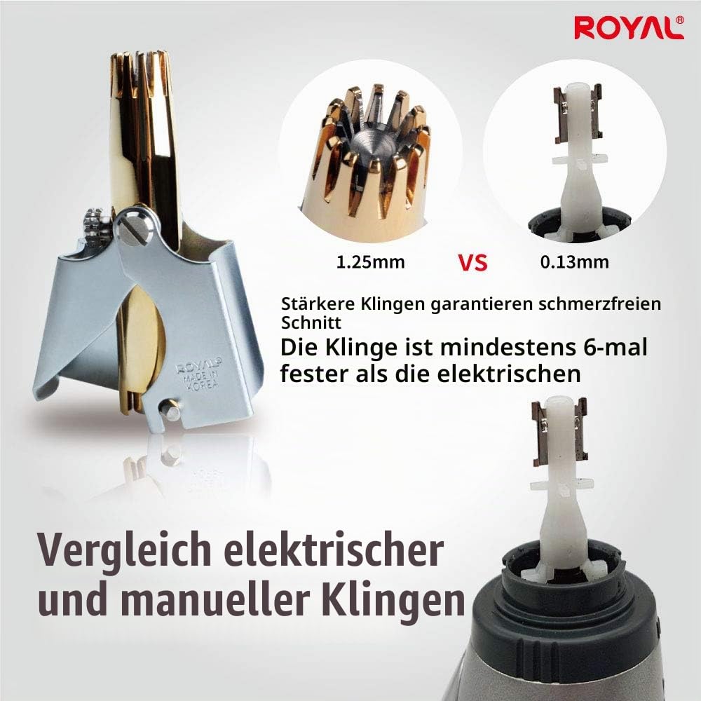 [Made in Korea] ROYAL Nasen- und Ohrhaarschneider für Männer, Manuell, batteriefrei, wasserdicht, Edelstahl, schmerzlos mit zwölf zweischneidigen Klingen, patentierter Mechanismus (Gold)
