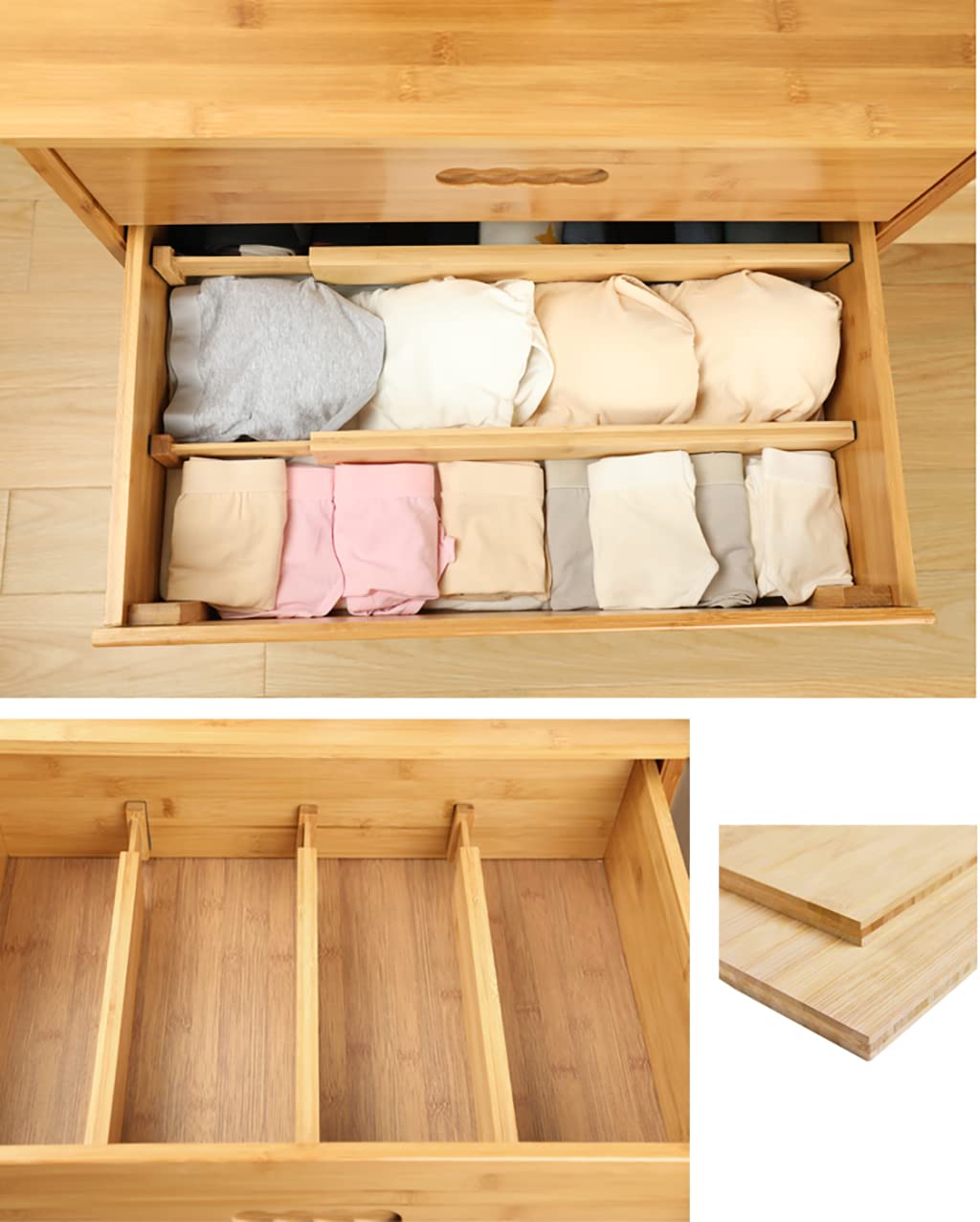 Générique Séparateurs de tiroir en Bambou Organiseur de tiroir de Cuisine réglable Séparateur rétractable à Ressort pour Cuisine, Commode, tiroirs de Chambre et Armoire, 4 pièces