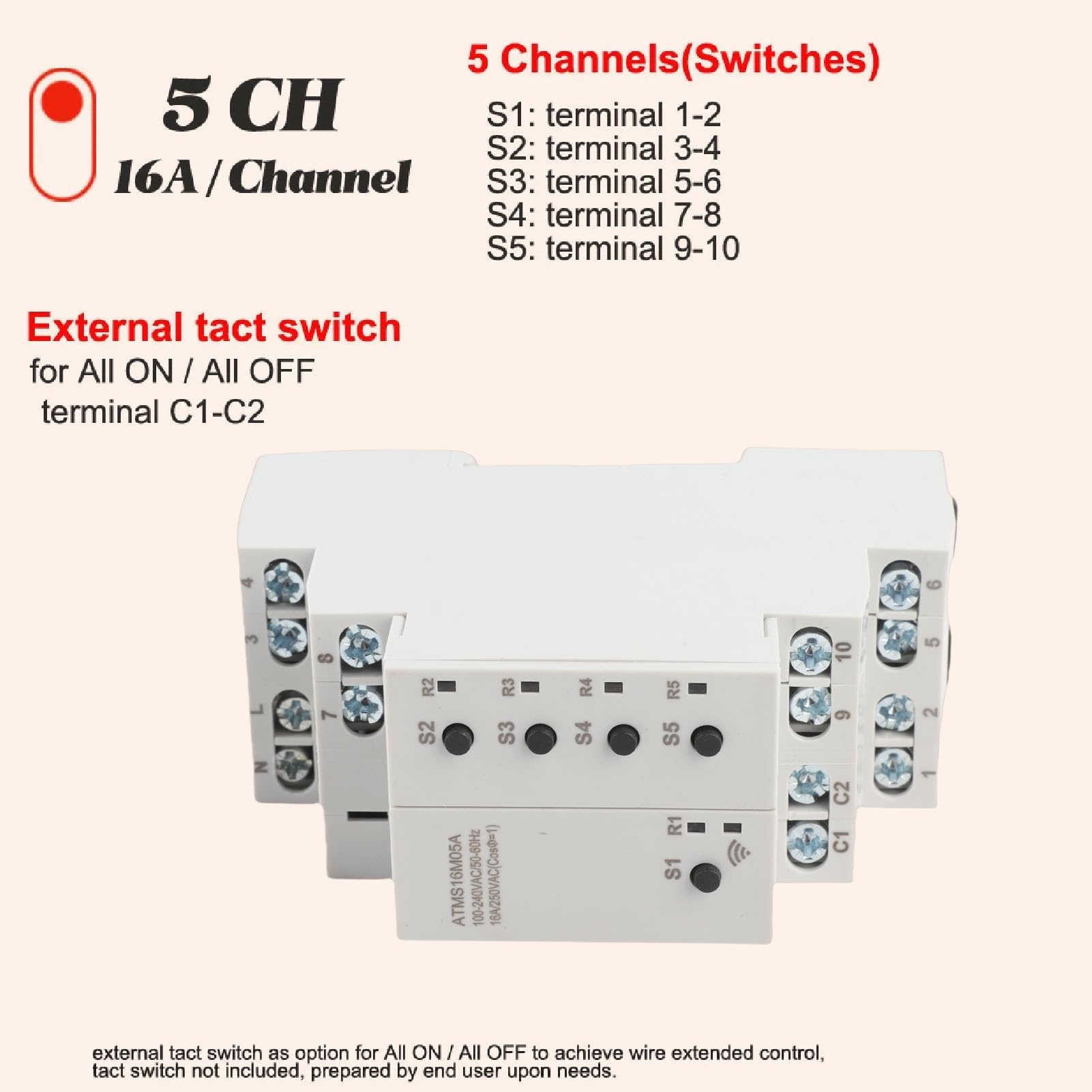 Temporizador Inteligente WiFi, 5 Canales Aislados, Control Remoto por Voz para Automatización del Hogar, Material ABS