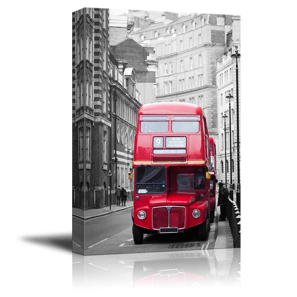 wall26 - Pop of Color The Red Bus in London - Red Color Stands Out Against Black and White Background - Canvas Art Home Art - 16x24 inches