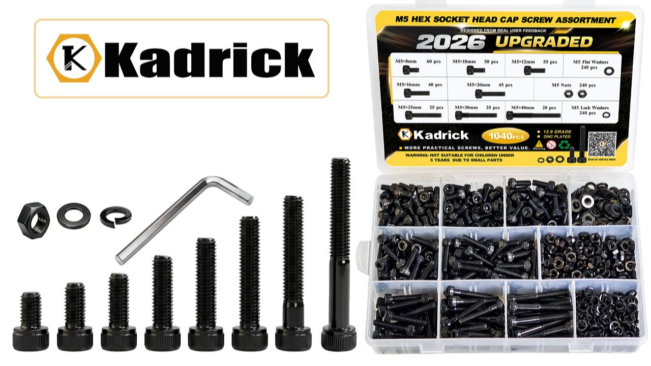 Image of Kadrick M5 Screws Kit 1040PCS,M5x8mm-40mm Bolts with Nuts, Washers & Hex Wrench, Optimized Size Distribution, Class 12.9 Socket Head Cap M5 Screws, Black Zinc Plated, for Mechanical, Repair & DIY