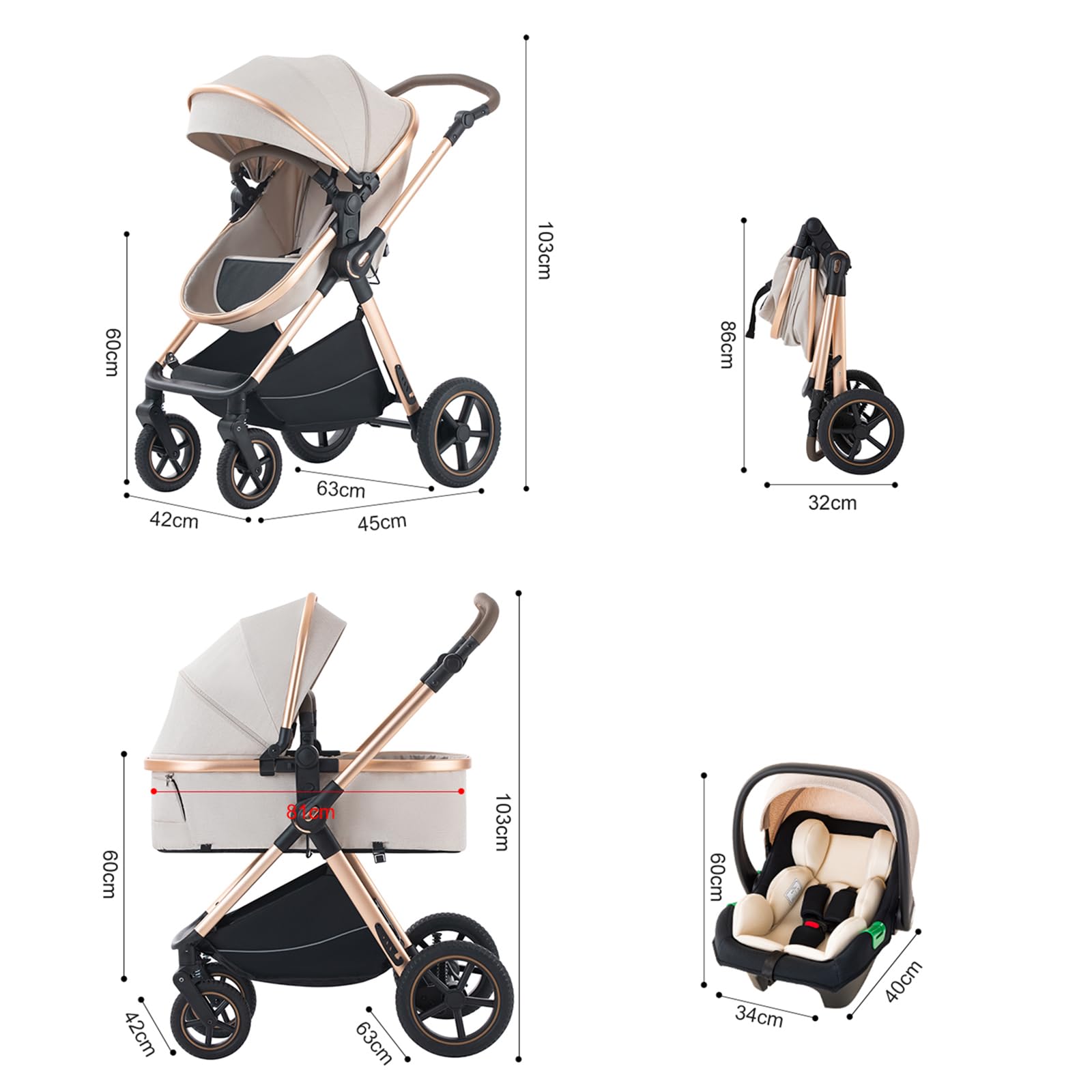 Poussette 3 en 1 avec porte-bébé 0 à 4 Ans jusqu'à 22 kg Pliable Noir