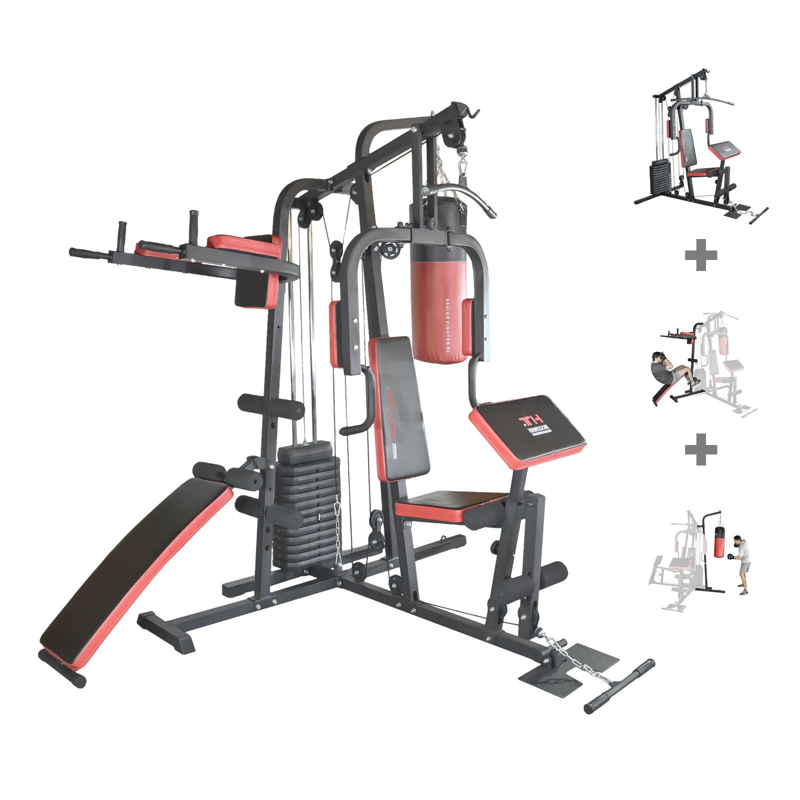 TrainHard® Kraftstation Multistation Fitnessstation Home Gym 65 kg Gewichten inkl. Dipstation Beinhebe, erweiterbar mit Sit Up Bank, Stepper, Push Up Bar, Boxsack mit Halterung, Speedball Plattform.