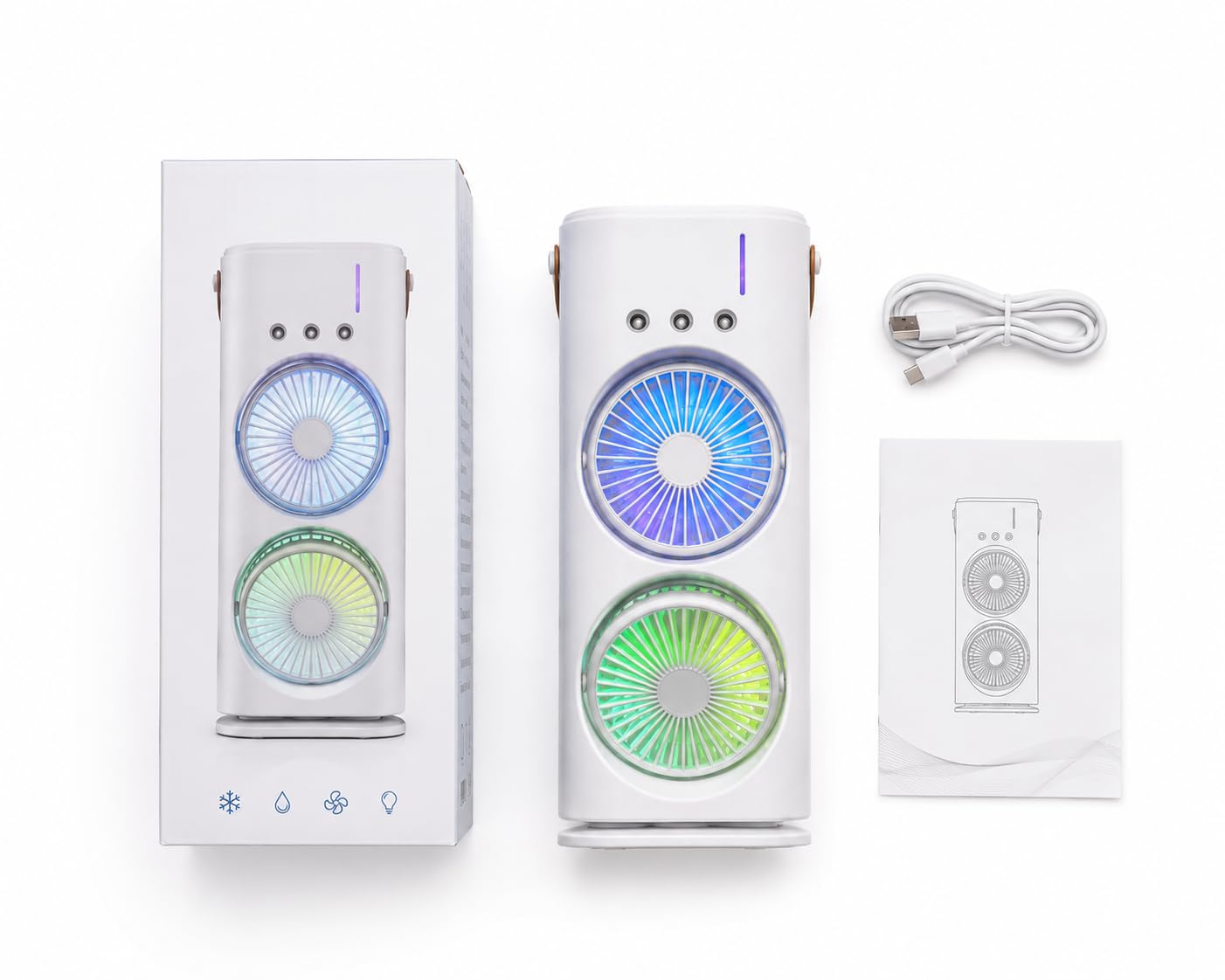 Przenośny chłodnica z podwójnym wentylatorem, mgiełką wodną i oświetleniem RGB, mini klimatyzator USB na stół, cichy wentylator ze zbiornikiem wody, do biura, sypialni i domu